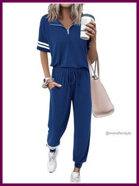 2 Piece Lounge Set Quarter Zip Short Sleeve Top Jogger Pants Travel Outfit